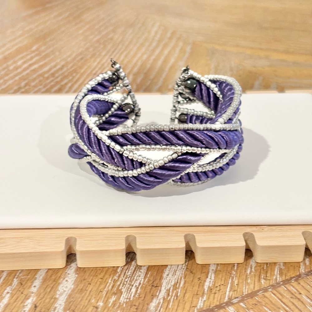 Purple Rope Beaded Cuff Bracelet Handmade Style Boho Statement Adjustable Wide